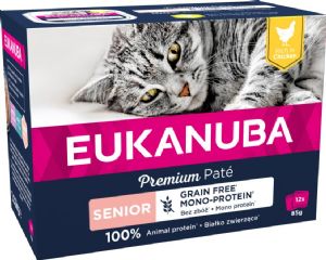 12 stk x 85 g Eukanuba senior kattevådfoder med kylling - kornfrit