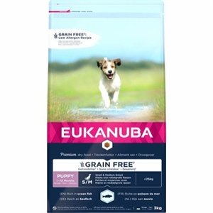 3 kg Eukanuba Puppy & Junior hvalpefoder med Fisk fra 1 til 12 måneder kornfrit - op til 25 kg hund