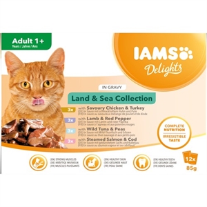 Iams katte vådfoder 12 x 85 gr - Med fisk og kød i sovs