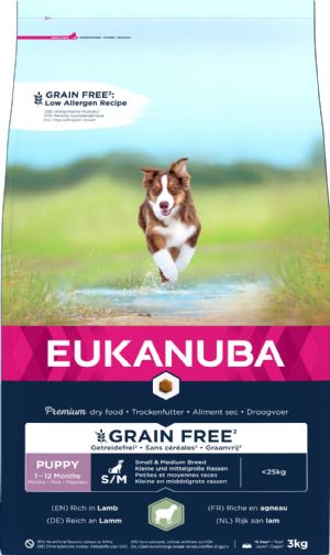3 kg Eukanuba Puppy Small - medium breed kornfri med lam hvalpefoder 1 - 12 mdr